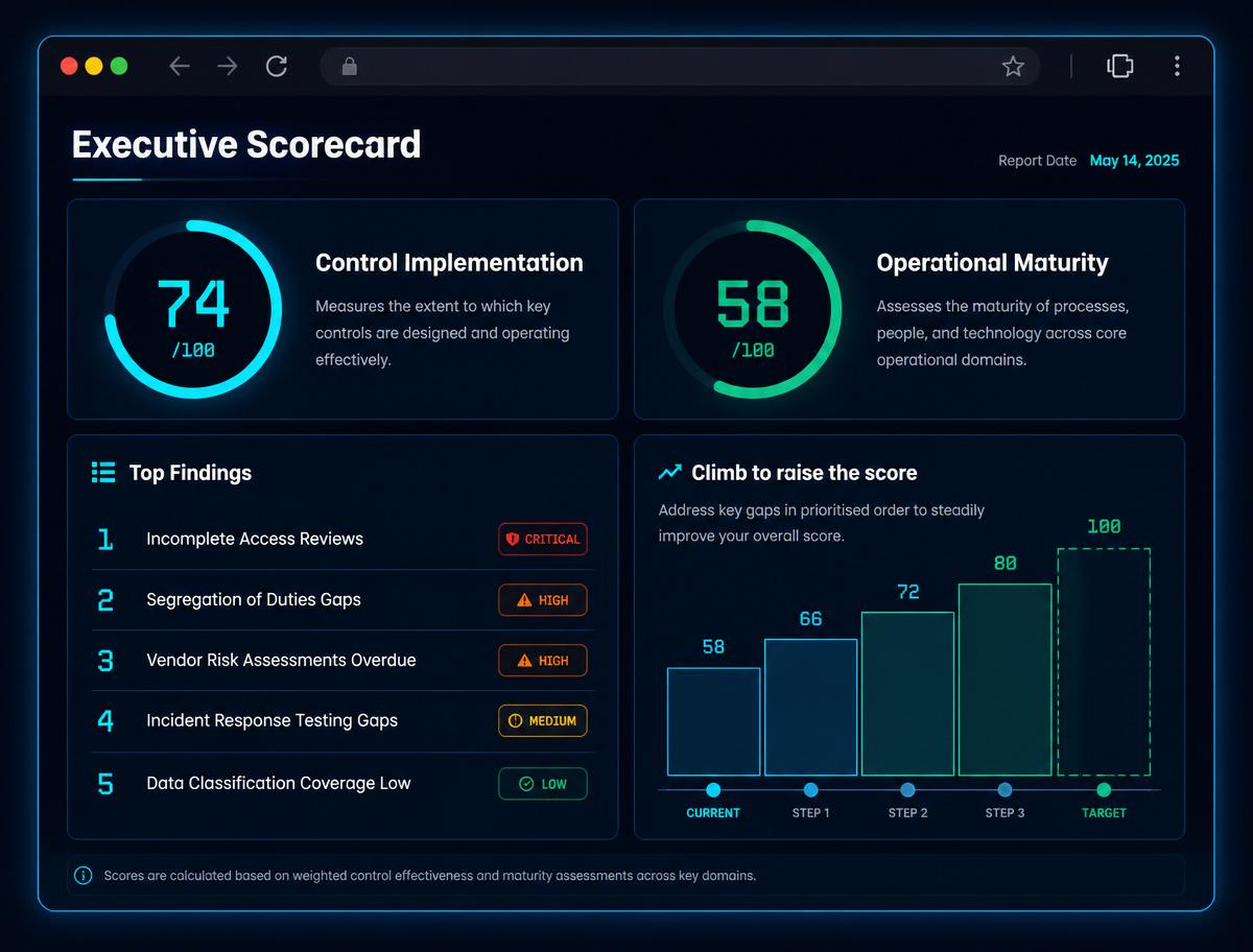 Executive Scorecard report mockup showing two scores, top findings, and the climb to raise them